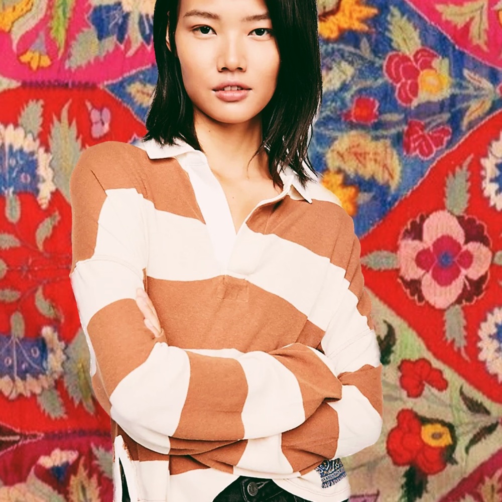 **FREE PEOPLE** We The Free Red Zone Rugby Top, Small, in Orange Combo